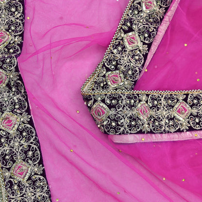 Indian Vintage Heavy Wedding Pink Net/Mesh Hand Embroidered Dupatta Designer By Anamika Khanna Bridal Wear Dabka Zardozi Veil Hijab