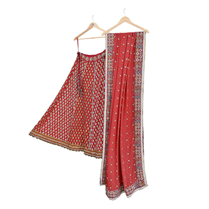 Indian Heavy Red & Rusty Pure Georgette Raw Silk/Net Hand Embroidered Lehenga 2pcs Set By Designer Nandita Thirani Bridal Wear
