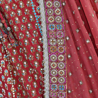Indian Heavy Red & Rusty Pure Georgette Raw Silk/Net Hand Embroidered Lehenga 2pcs Set By Designer Nandita Thirani Bridal Wear