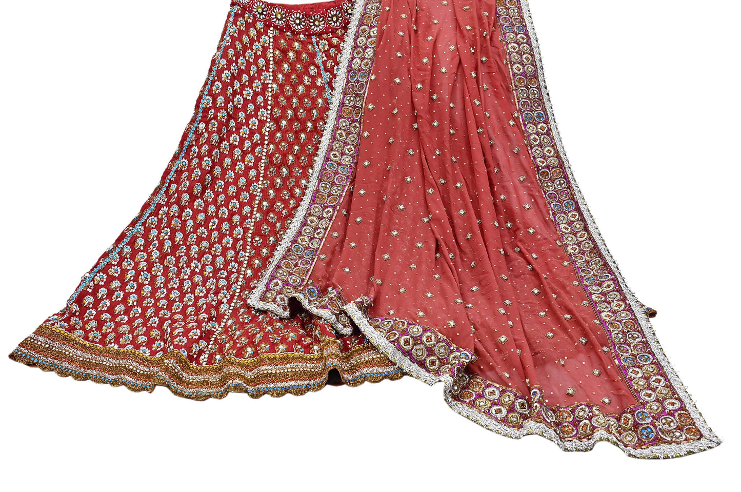 Indian Heavy Red & Rusty Pure Georgette Raw Silk/Net Hand Embroidered Lehenga 2pcs Set By Designer Nandita Thirani Bridal Wear