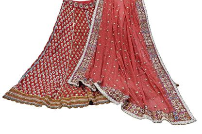 Indian Heavy Red & Rusty Pure Georgette Raw Silk/Net Hand Embroidered Lehenga 2pcs Set By Designer Nandita Thirani Bridal Wear