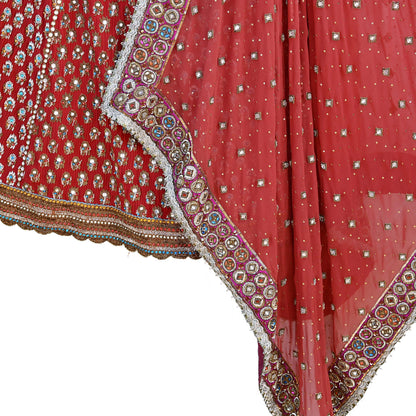 Indian Heavy Red & Rusty Pure Georgette Raw Silk/Net Hand Embroidered Lehenga 2pcs Set By Designer Nandita Thirani Bridal Wear