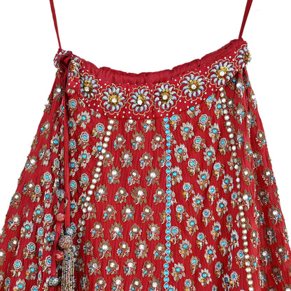 Indian Heavy Red & Rusty Pure Georgette Raw Silk/Net Hand Embroidered Lehenga 2pcs Set By Designer Nandita Thirani Bridal Wear