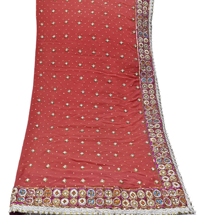 Indian Pre-owned Heavy Rusty Pure Georgette Silk Hand Embroidered Dupatta Designer By Nandita Thirani Bridal Wear Dabka Zardozi Veil Hijab