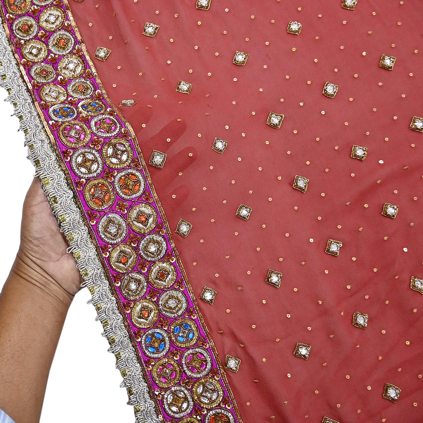 Indian Pre-owned Heavy Rusty Pure Georgette Silk Hand Embroidered Dupatta Designer By Nandita Thirani Bridal Wear Dabka Zardozi Veil Hijab