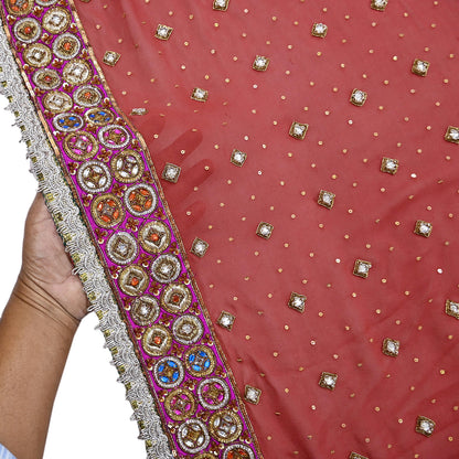 Indian Pre-owned Heavy Rusty Pure Georgette Silk Hand Embroidered Dupatta Designer By Nandita Thirani Bridal Wear Dabka Zardozi Veil Hijab
