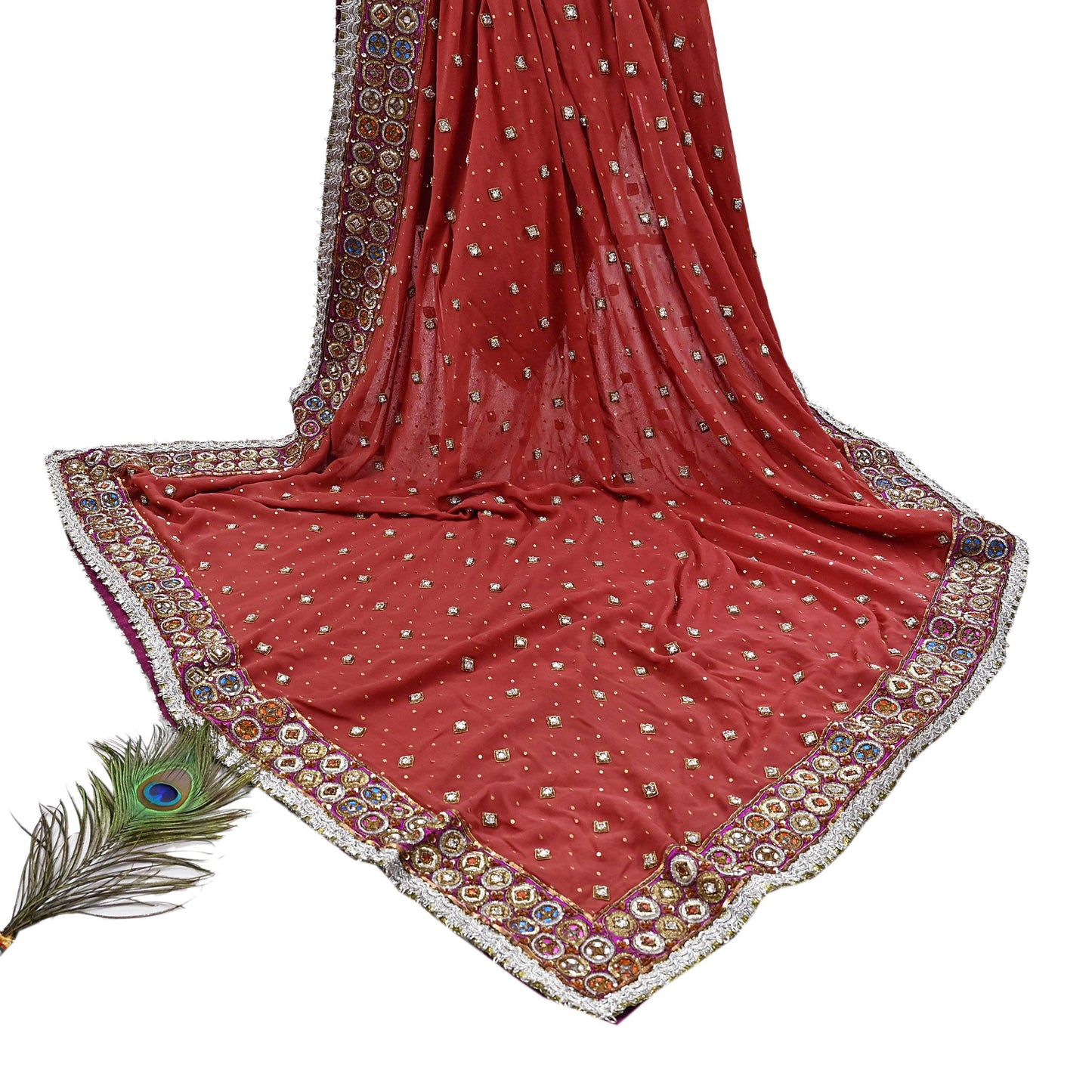 Indian Pre-owned Heavy Rusty Pure Georgette Silk Hand Embroidered Dupatta Designer By Nandita Thirani Bridal Wear Dabka Zardozi Veil Hijab