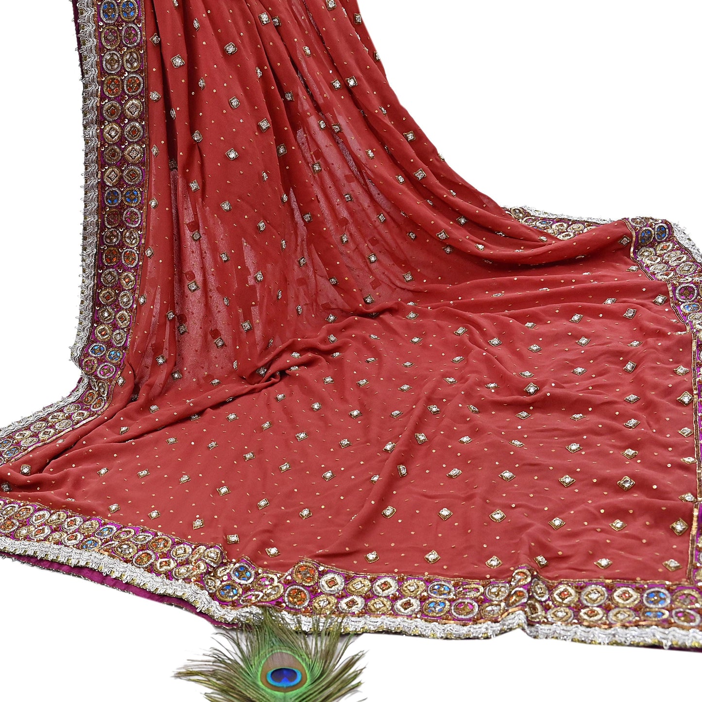 Indian Pre-owned Heavy Rusty Pure Georgette Silk Hand Embroidered Dupatta Designer By Nandita Thirani Bridal Wear Dabka Zardozi Veil Hijab