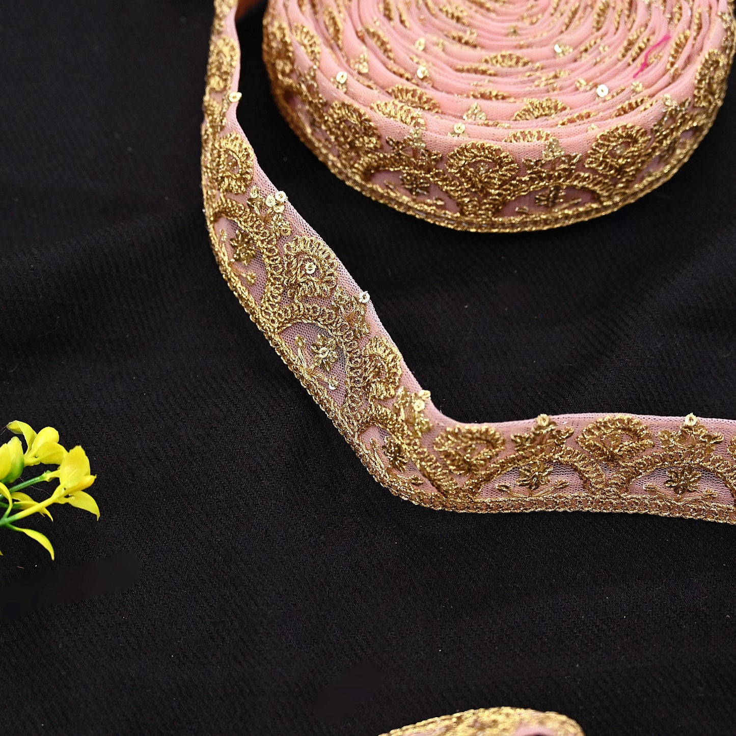Indian New Net Pink Border 9Yd Embroidered Lace Trim Sewing Craft Ribbon Dress Decor