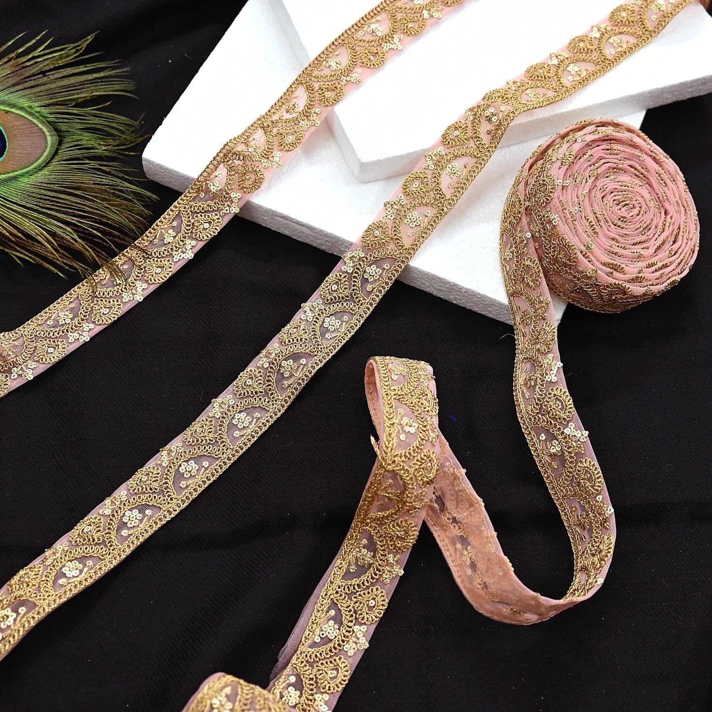 Indian New Net Pink Border 9Yd Embroidered Lace Trim Sewing Craft Ribbon Dress Decor