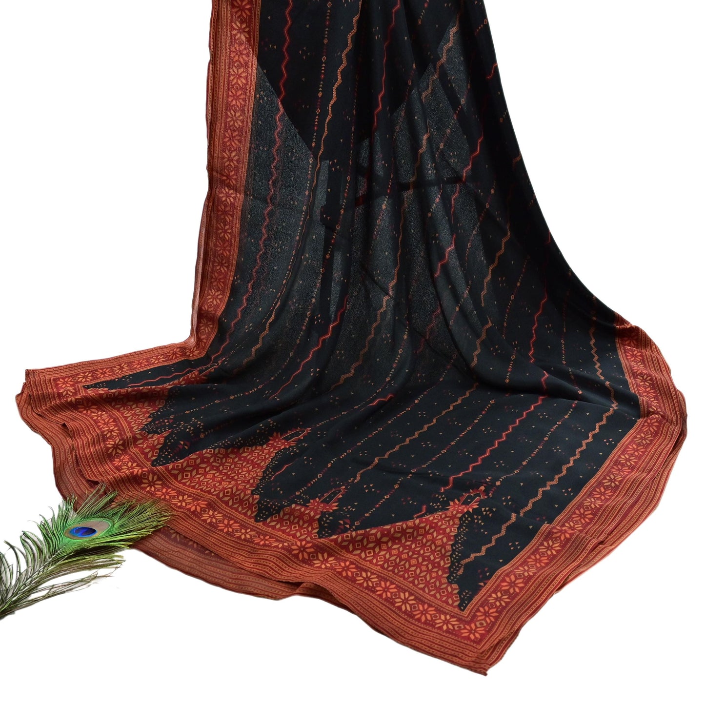 Indian Vintage Heavy Black Dupatta Pure Crepe Silk Long Stole Hand Embroidered Printed Designer By Ritu Kumar Scarves Scarf Zari