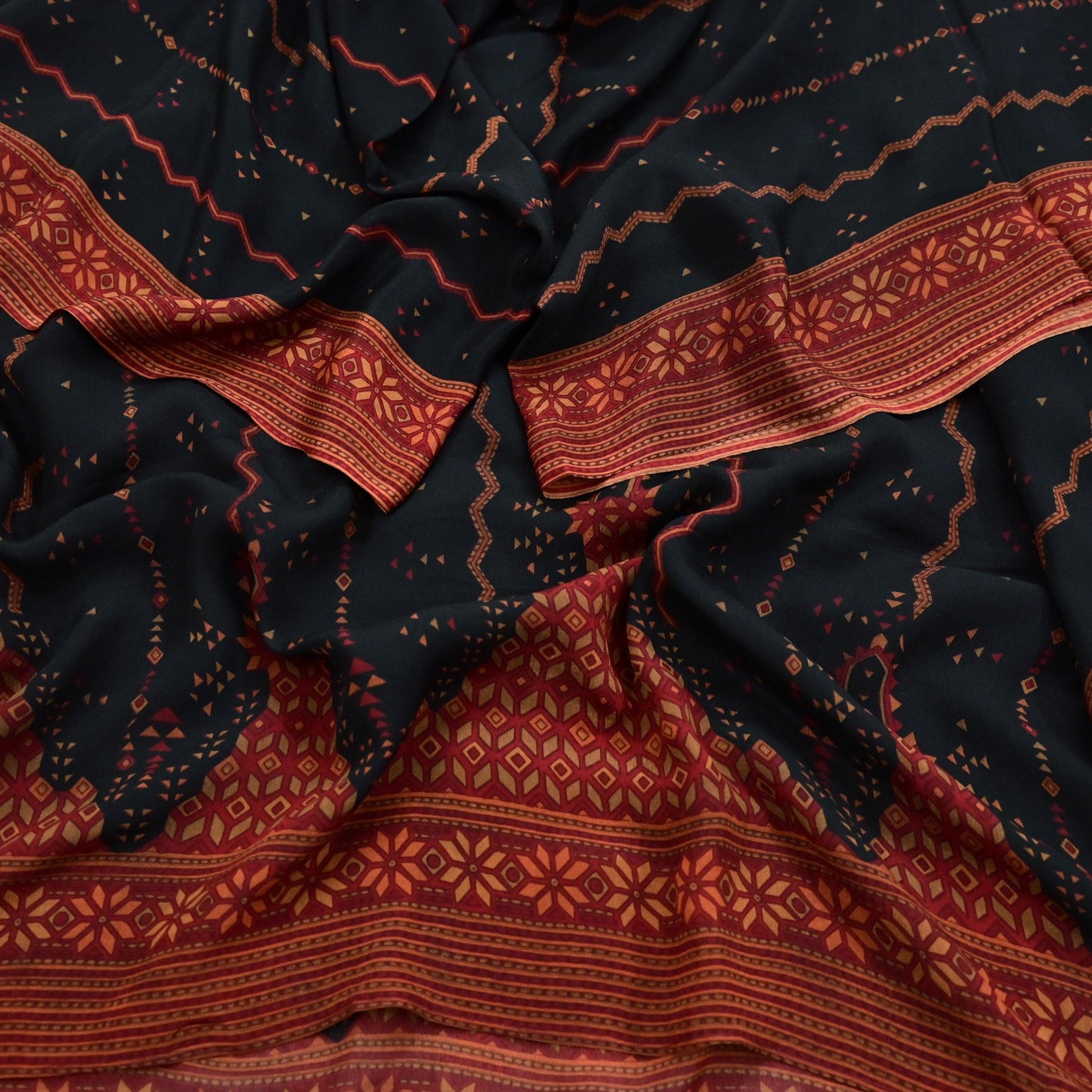 Indian Vintage Heavy Black Dupatta Pure Crepe Silk Long Stole Hand Embroidered Printed Designer By Ritu Kumar Scarves Scarf Zari
