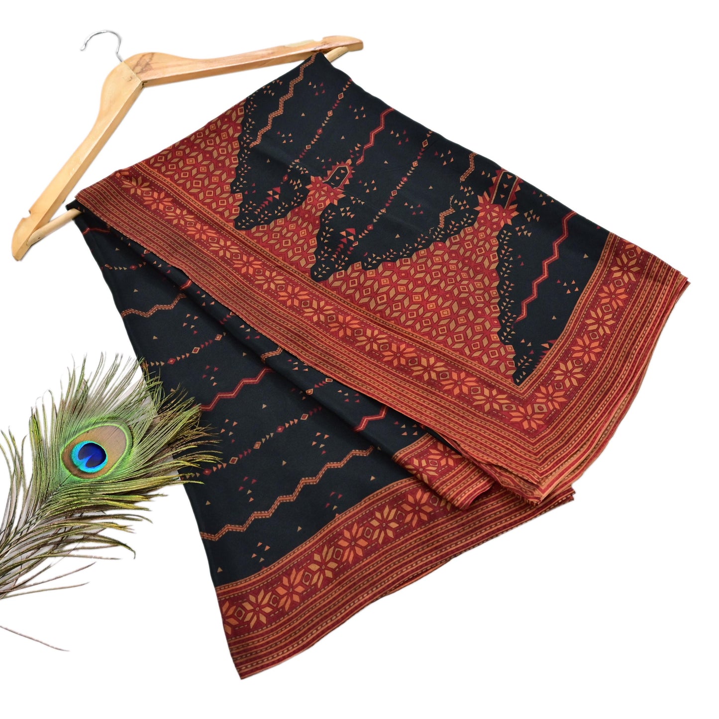 Indian Vintage Heavy Black Dupatta Pure Crepe Silk Long Stole Hand Embroidered Printed Designer By Ritu Kumar Scarves Scarf Zari