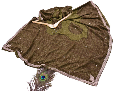 Indian Vintage Heavy Green Dupatta Pure Silk Long Stole Hand Embroidered Designer By Ritu Kumar Scarves Scarf Zari Zardozi