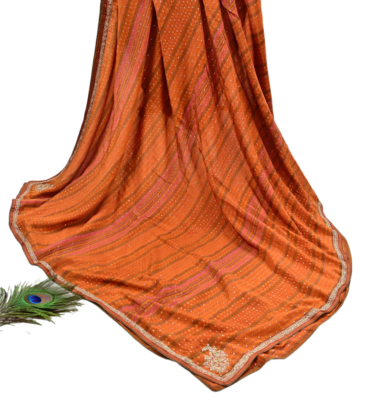 Indian Vintage Saffron & Orange Dupatta Pure Silk Long Stole Hand Embroidered Mukesh Designer By Ritu Kumar Scarves Scarf Zari Zardozi