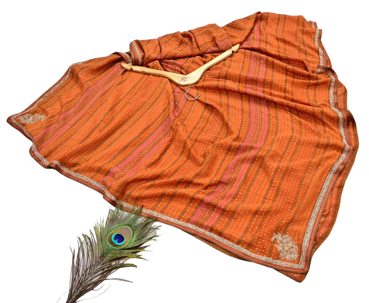 Indian Vintage Saffron & Orange Dupatta Pure Silk Long Stole Hand Embroidered Mukesh Designer By Ritu Kumar Scarves Scarf Zari Zardozi