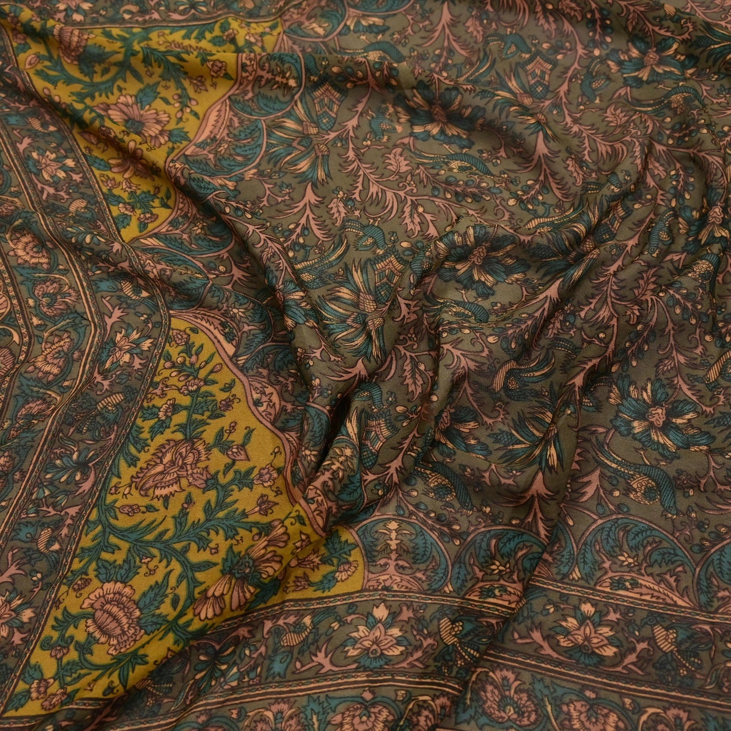 Indian Vintage Heavy Green Dupatta Pure Crepe Silk Long Stole Hand Embroidered Printed Designer By Ritu Kumar Scarves Scarf
