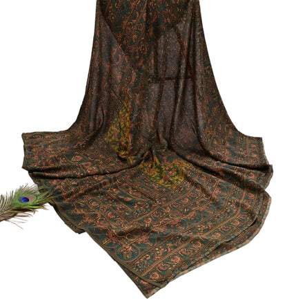 Indian Vintage Heavy Green Dupatta Pure Crepe Silk Long Stole Hand Embroidered Printed Designer By Ritu Kumar Scarves Scarf