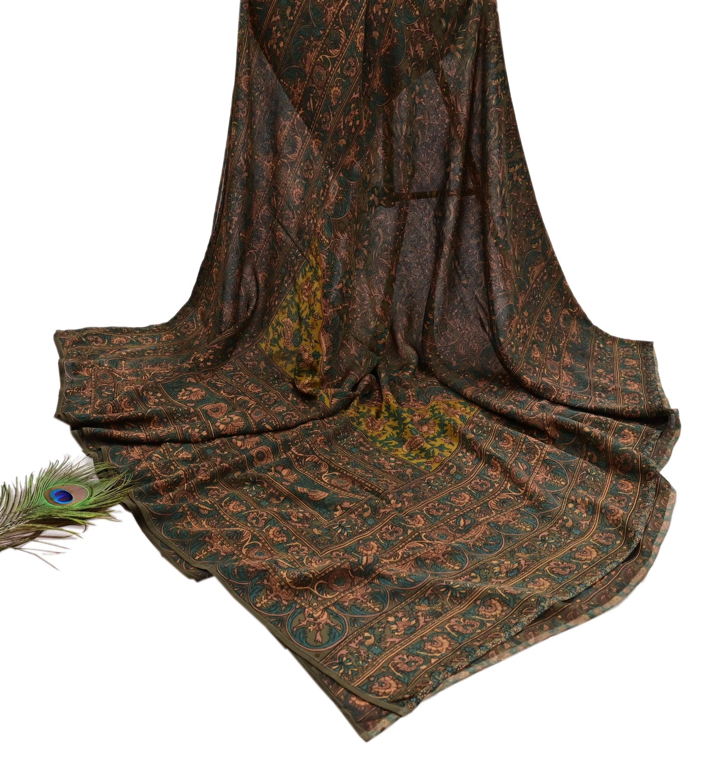 Indian Vintage Heavy Green Dupatta Pure Crepe Silk Long Stole Hand Embroidered Printed Designer By Ritu Kumar Scarves Scarf