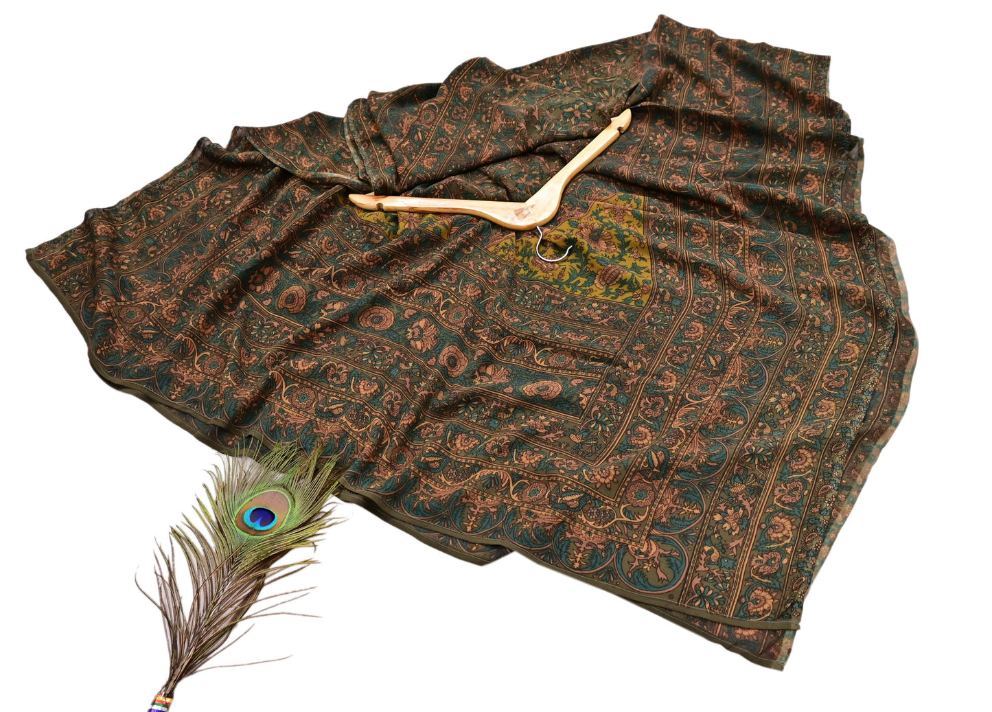 Indian Vintage Heavy Green Dupatta Pure Crepe Silk Long Stole Hand Embroidered Printed Designer By Ritu Kumar Scarves Scarf