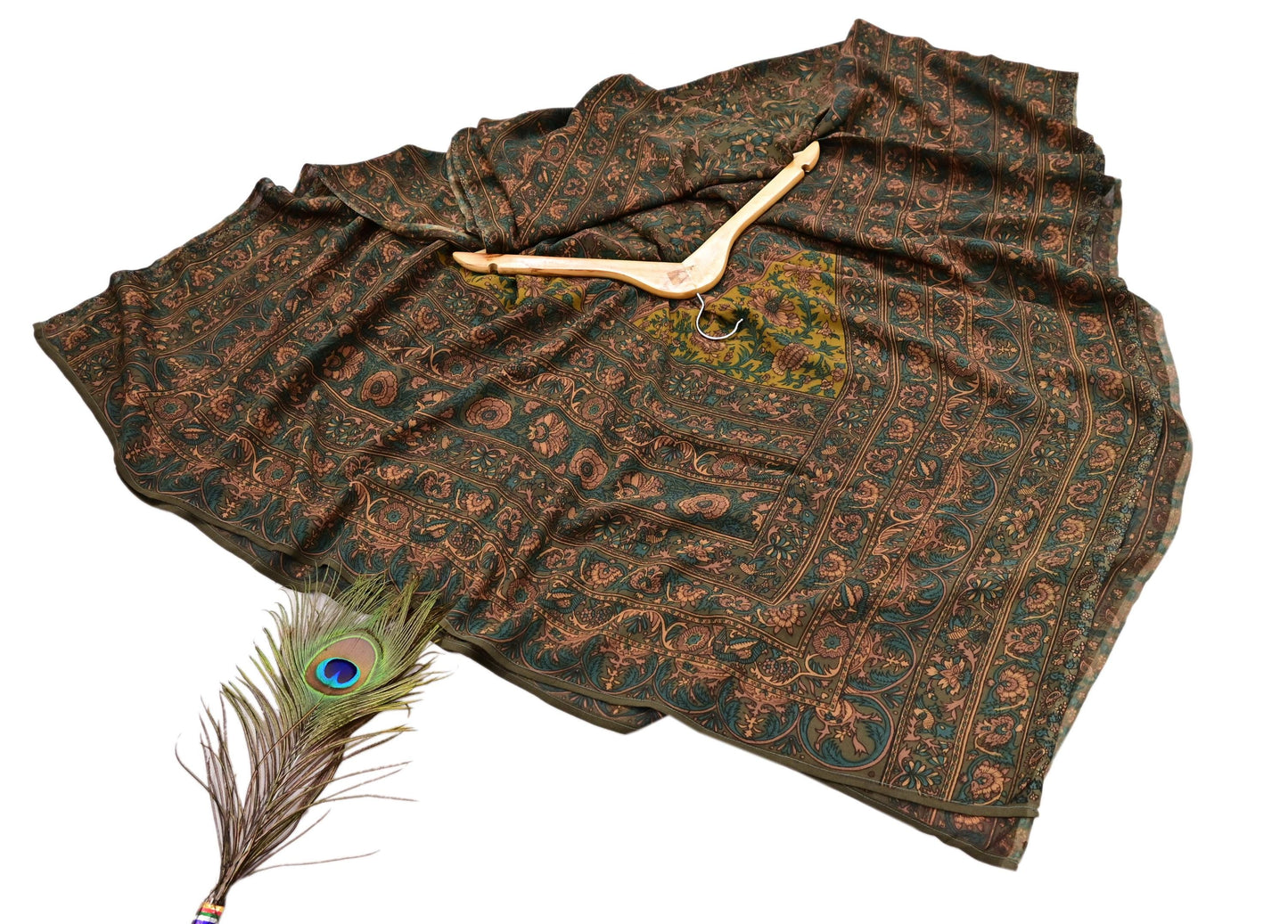 Indian Vintage Heavy Green Dupatta Pure Crepe Silk Long Stole Hand Embroidered Printed Designer By Ritu Kumar Scarves Scarf