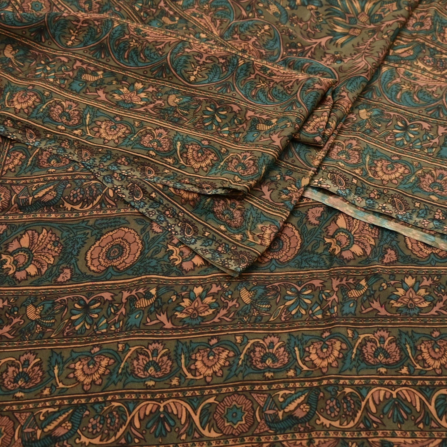Indian Vintage Heavy Green Dupatta Pure Crepe Silk Long Stole Hand Embroidered Printed Designer By Ritu Kumar Scarves Scarf