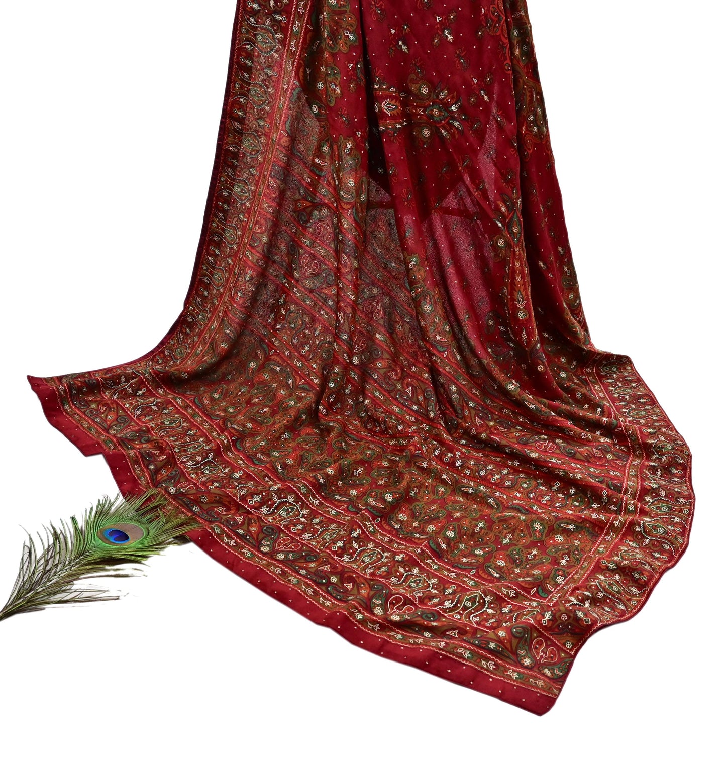 Indian Vintage Heavy Red Dupatta Pure Silk Long Stole Hand Embroidered Designer By Ritu Kumar Scarves Scarf Zari Zardozi