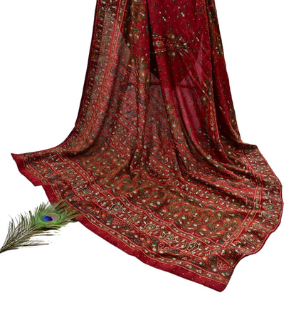 Indian Vintage Heavy Red Dupatta Pure Silk Long Stole Hand Embroidered Designer By Ritu Kumar Scarves Scarf Zari Zardozi