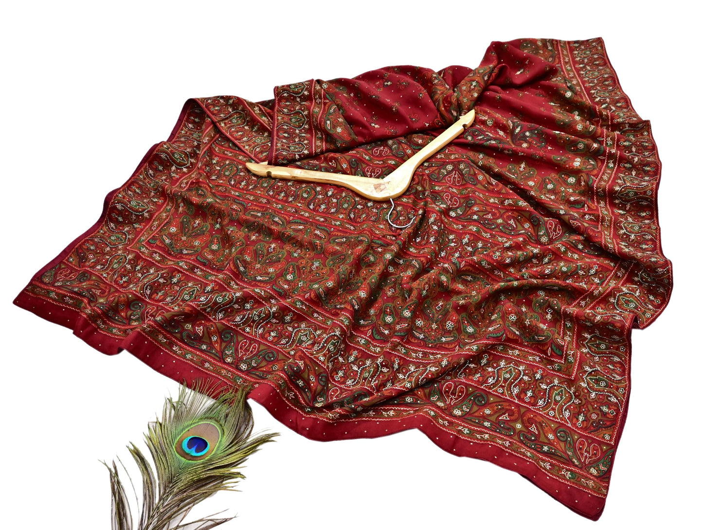 Indian Vintage Heavy Red Dupatta Pure Silk Long Stole Hand Embroidered Designer By Ritu Kumar Scarves Scarf Zari Zardozi