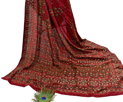 Indian Vintage Heavy Red Dupatta Pure Silk Long Stole Hand Embroidered Designer By Ritu Kumar Scarves Scarf Zari Zardozi