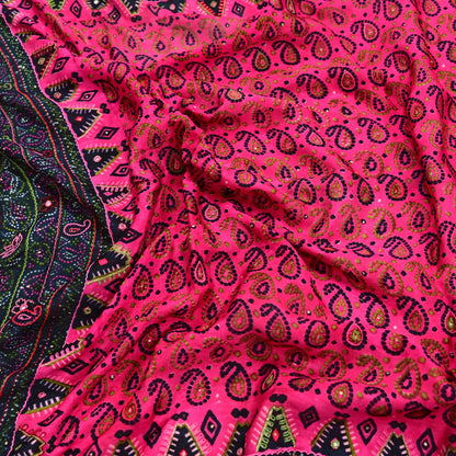 Indian Vintage Heavy Black & Pink Dupatta Pure Silk Long Stole Hand Embroidered Designer By Ritu Kumar Scarves Scarf Zari