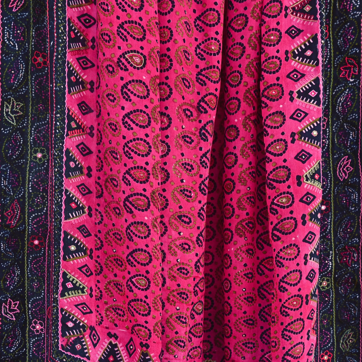 Indian Vintage Heavy Black & Pink Dupatta Pure Silk Long Stole Hand Embroidered Designer By Ritu Kumar Scarves Scarf Zari