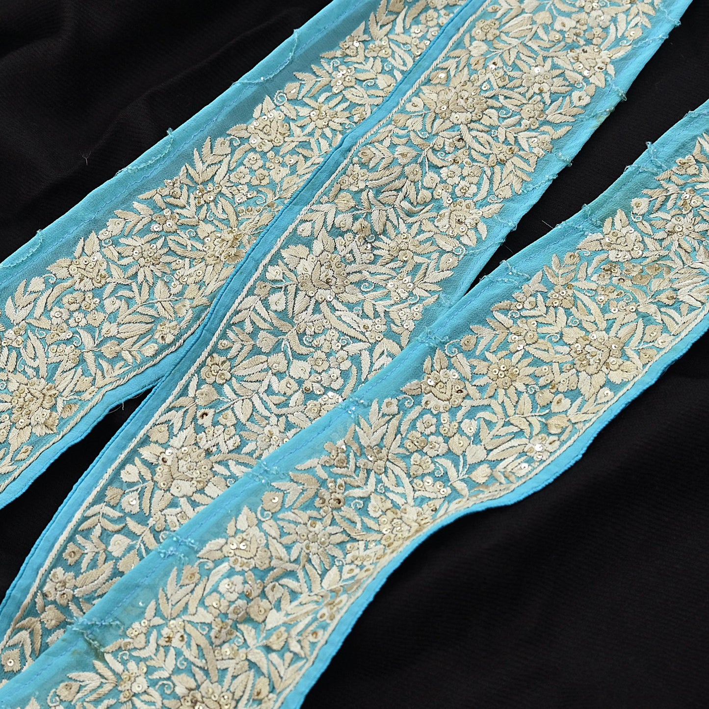 Indian Antique Vintage Real Parsi Gara Border Hand Embroidered Craft Trim Lace Sewing Saree Ribbon Recycled 1yard Pure Georgette Silk