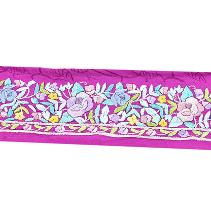 Indian Antique Vintage Real Parsi Gara Border Purple Hand Embroidered Craft Trim Lace Sewing Saree Ribbon Recycled 1yard Pure Crepe Silk