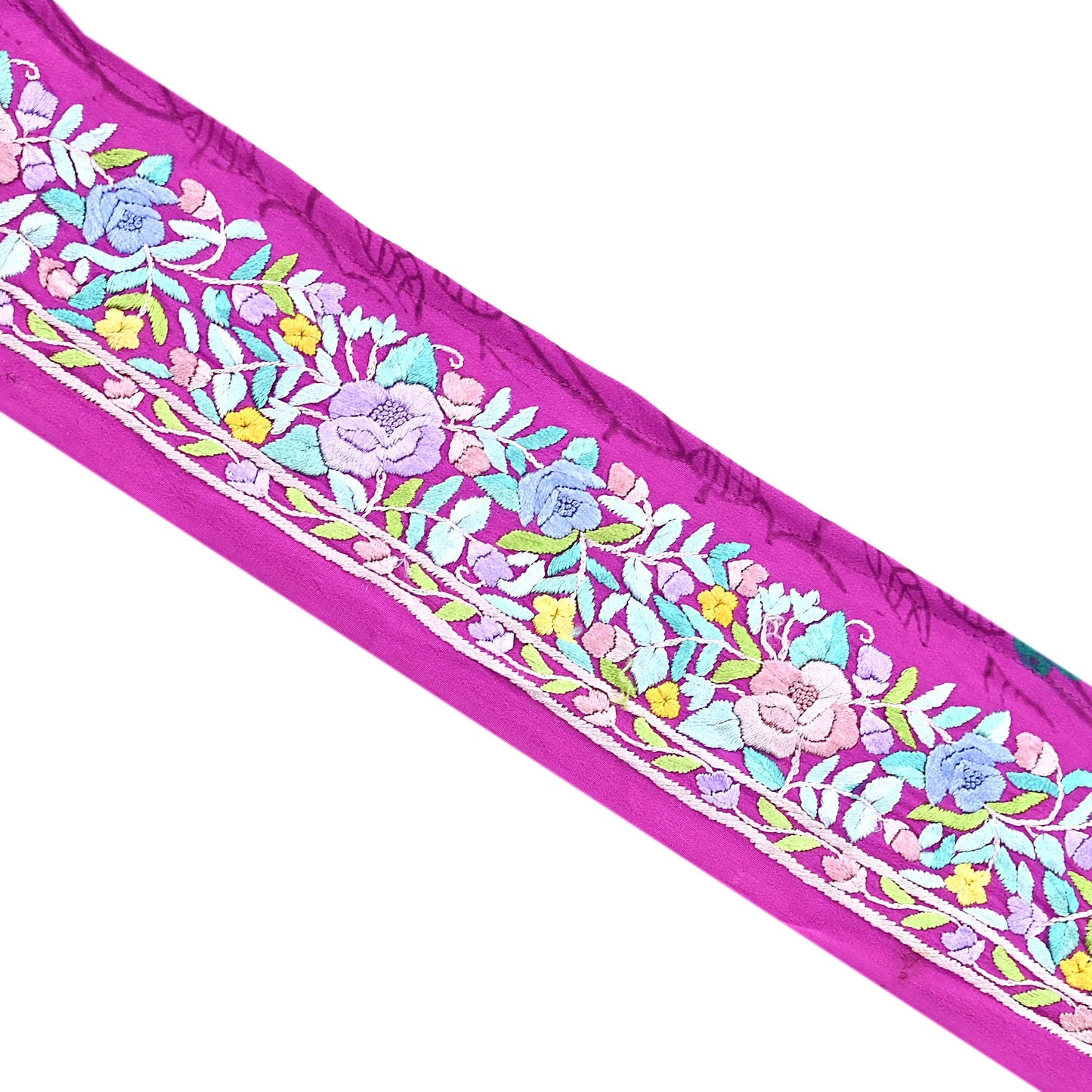 Indian Antique Vintage Real Parsi Gara Border Purple Hand Embroidered Craft Trim Lace Sewing Saree Ribbon Recycled 1yard Pure Crepe Silk