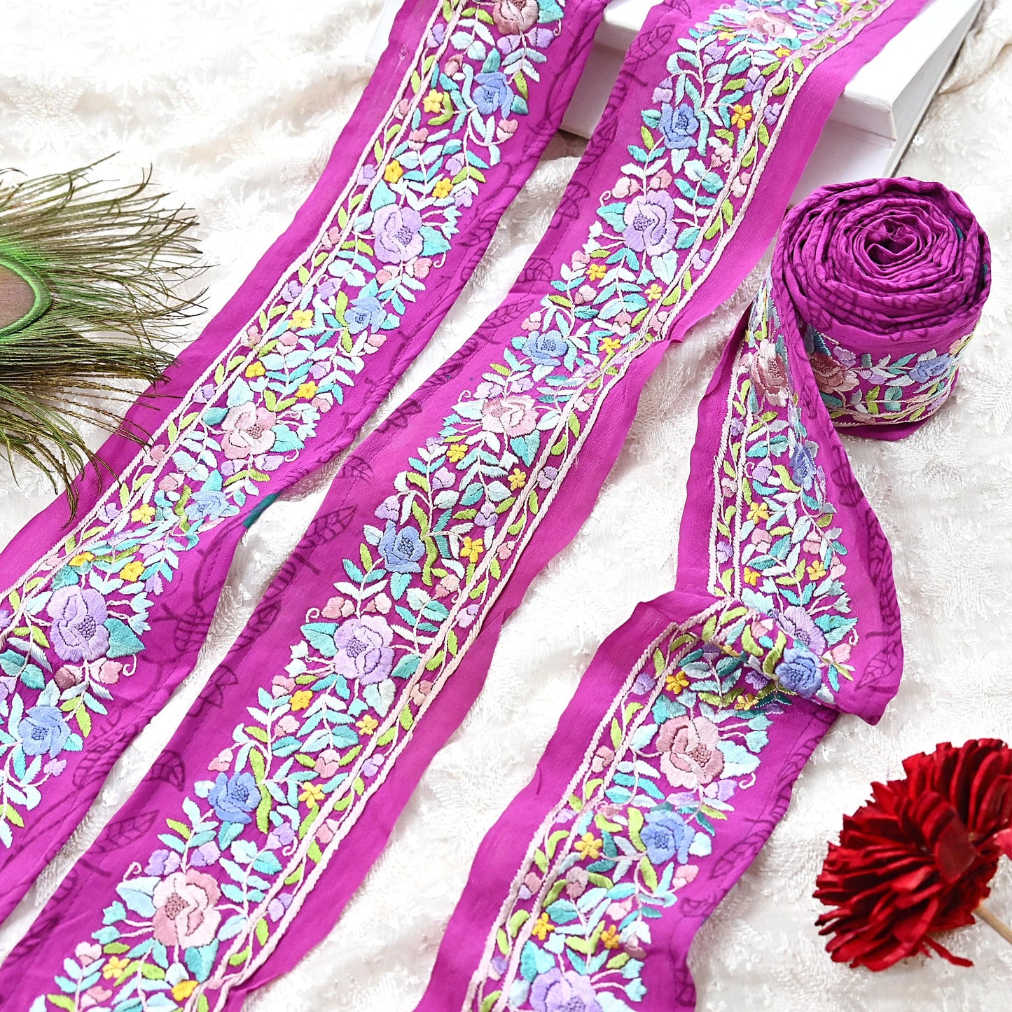 Indian Antique Vintage Real Parsi Gara Border Purple Hand Embroidered Craft Trim Lace Sewing Saree Ribbon Recycled 1yard Pure Crepe Silk