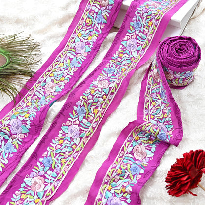 Indian Antique Vintage Real Parsi Gara Border Purple Hand Embroidered Craft Trim Lace Sewing Saree Ribbon Recycled 1yard Pure Crepe Silk