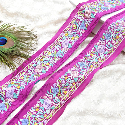 Indian Antique Vintage Real Parsi Gara Border Purple Hand Embroidered Craft Trim Lace Sewing Saree Ribbon Recycled 1yard Pure Crepe Silk
