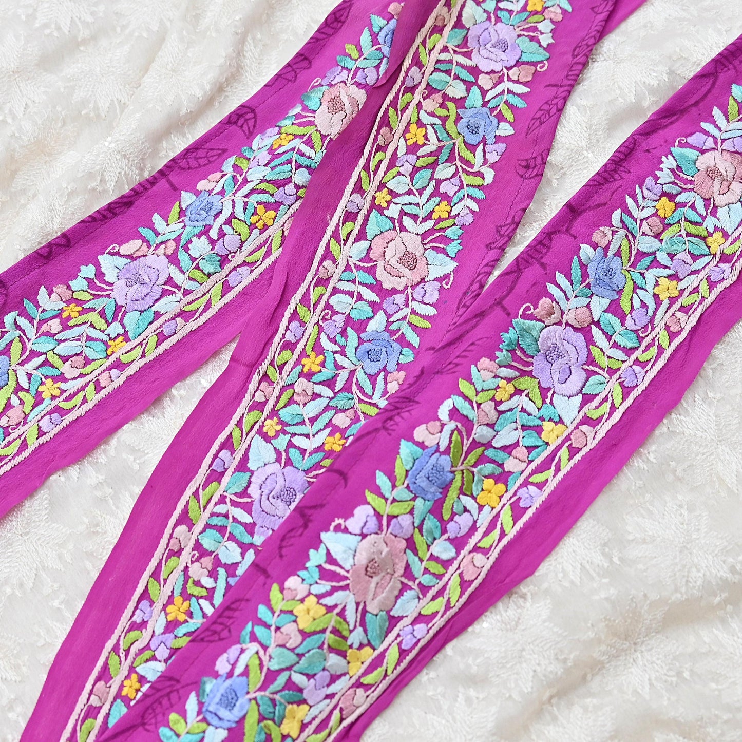 Indian Antique Vintage Real Parsi Gara Border Purple Hand Embroidered Craft Trim Lace Sewing Saree Ribbon Recycled 1yard Pure Crepe Silk
