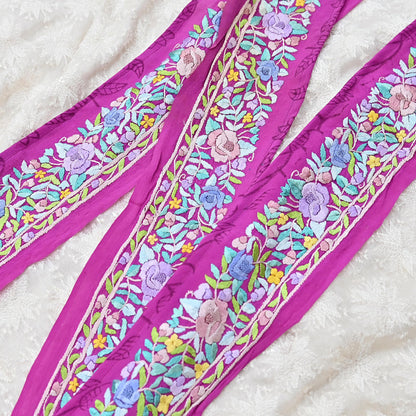 Indian Antique Vintage Real Parsi Gara Border Purple Hand Embroidered Craft Trim Lace Sewing Saree Ribbon Recycled 1yard Pure Crepe Silk