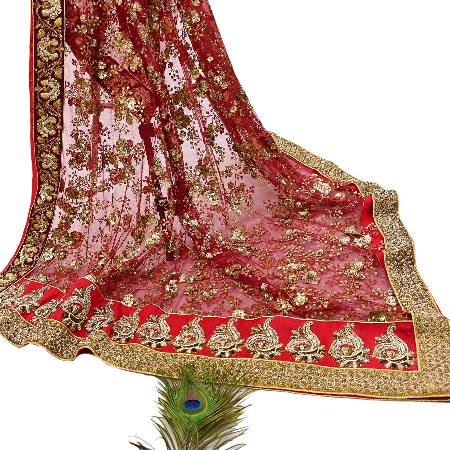 Indian Vintage Heavy Wedding Dupatta Maroon Net Long Stole Hand Embroidered By Designer Sabyasachi Scarves Zardozi Bridal Veil