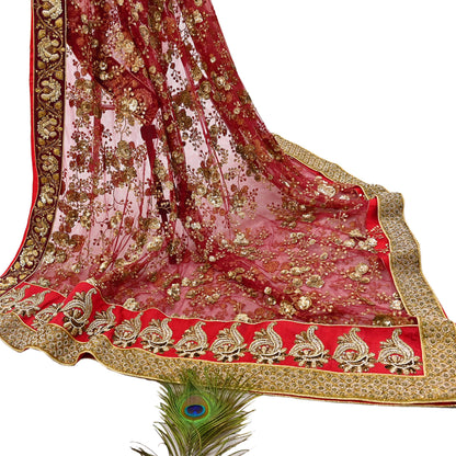 Indian Vintage Heavy Wedding Dupatta Maroon Net Long Stole Hand Embroidered By Designer Sabyasachi Scarves Zardozi Bridal Veil