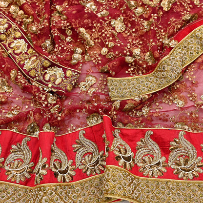 Indian Heavy Maroon & Beige Mesh/Net Hand Embroidered Lehenga 2pcs Set By Designer Sabyasachi Bridal Wear