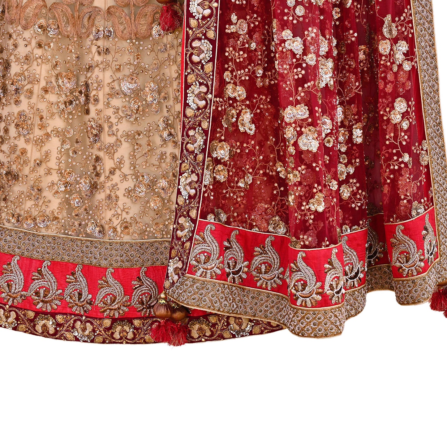Indian Heavy Maroon & Beige Mesh/Net Hand Embroidered Lehenga 2pcs Set By Designer Sabyasachi Bridal Wear