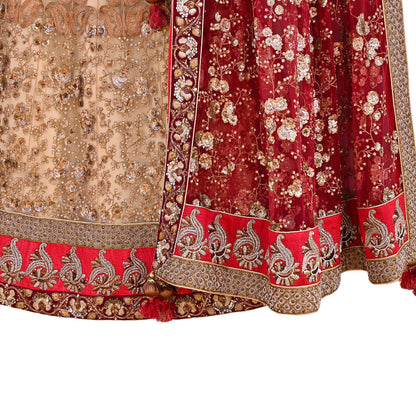 Indian Heavy Maroon & Beige Mesh/Net Hand Embroidered Lehenga 2pcs Set By Designer Sabyasachi Bridal Wear