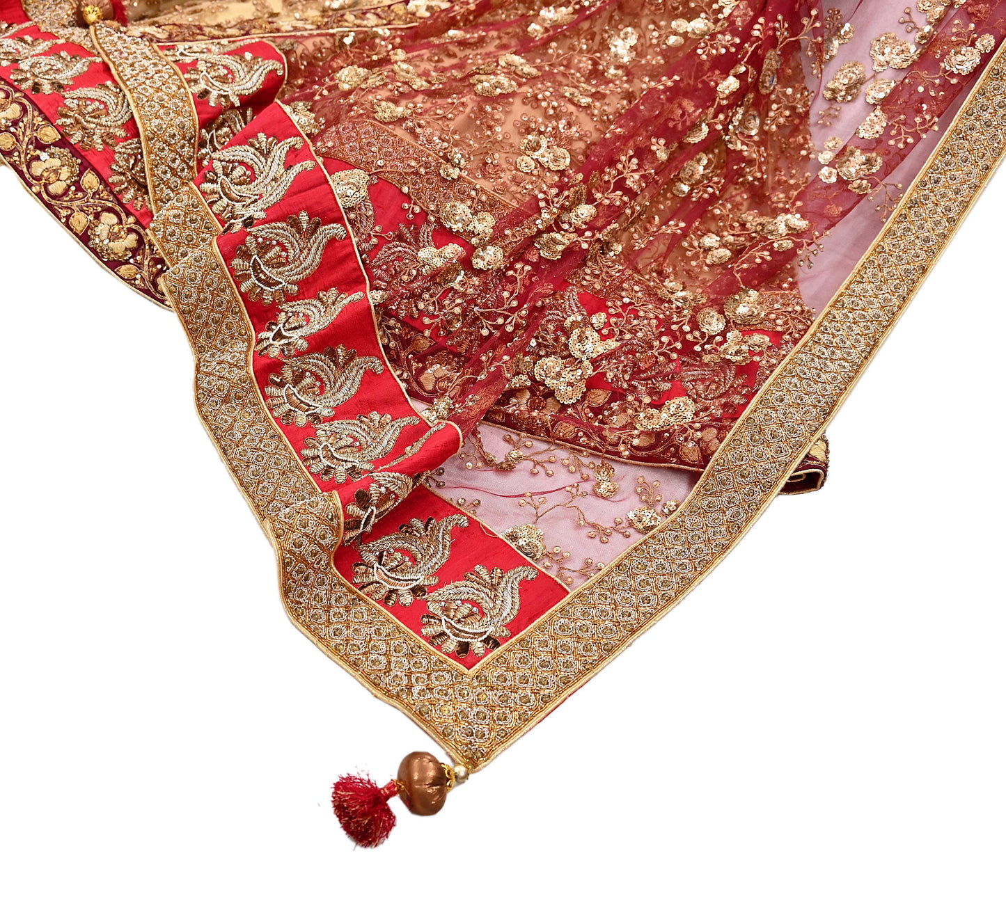 Indian Heavy Maroon & Beige Mesh/Net Hand Embroidered Lehenga 2pcs Set By Designer Sabyasachi Bridal Wear
