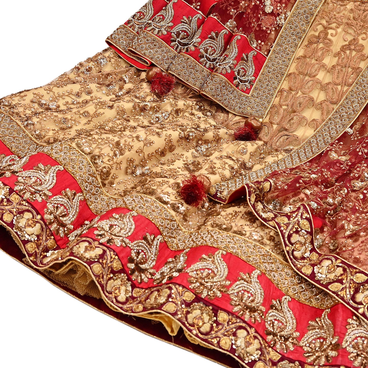 Indian Heavy Maroon & Beige Mesh/Net Hand Embroidered Lehenga 2pcs Set By Designer Sabyasachi Bridal Wear