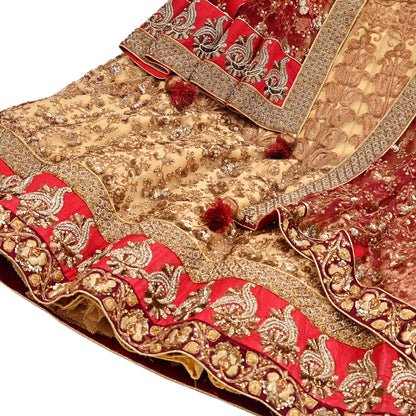 Indian Heavy Maroon & Beige Mesh/Net Hand Embroidered Lehenga 2pcs Set By Designer Sabyasachi Bridal Wear