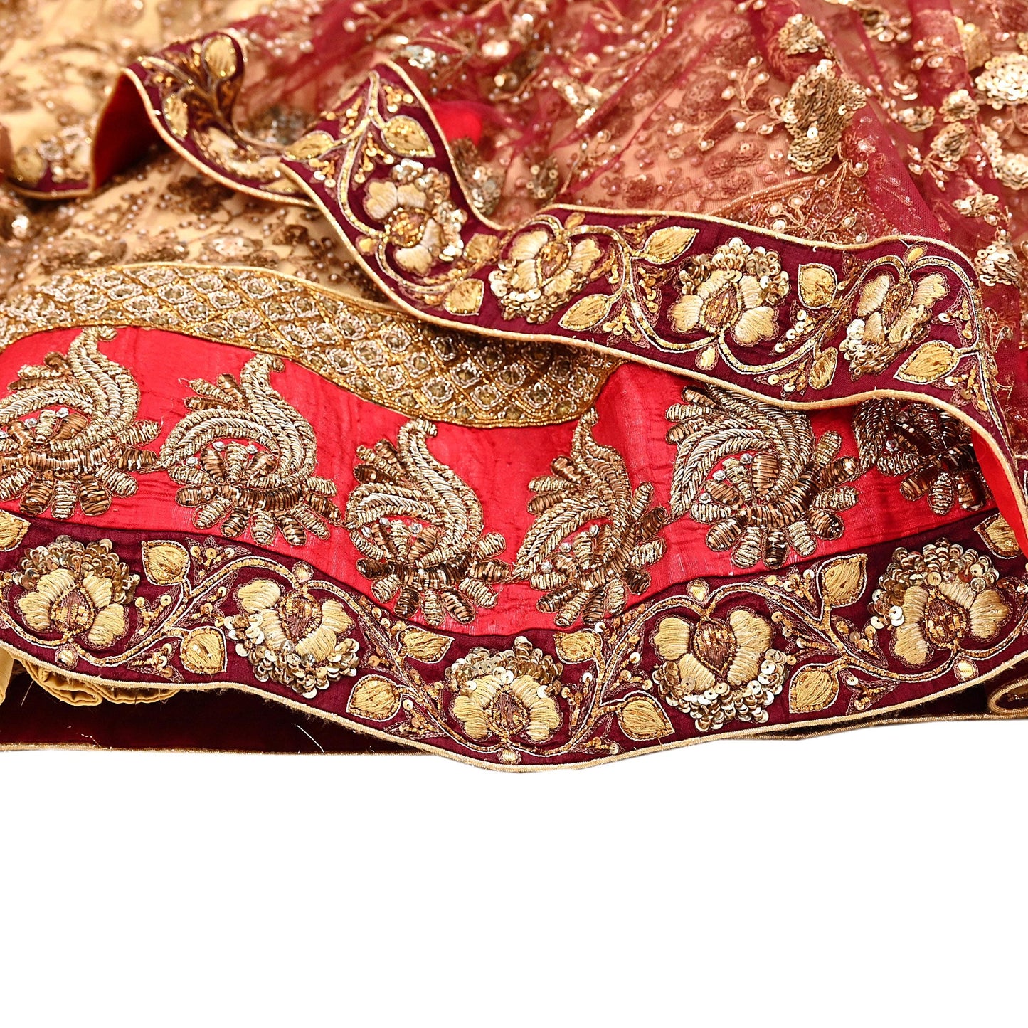 Indian Heavy Maroon & Beige Mesh/Net Hand Embroidered Lehenga 2pcs Set By Designer Sabyasachi Bridal Wear