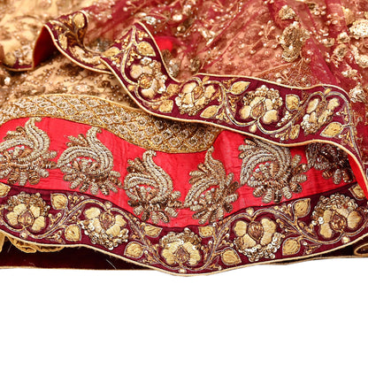 Indian Heavy Maroon & Beige Mesh/Net Hand Embroidered Lehenga 2pcs Set By Designer Sabyasachi Bridal Wear
